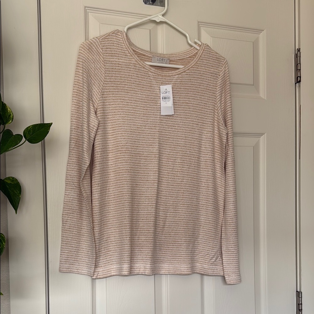 NEW NWT LOFT Beige Striped Sleep Pajama Long Sleeve Top S Small